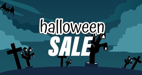 Composition of halloween sale text over icons and sky