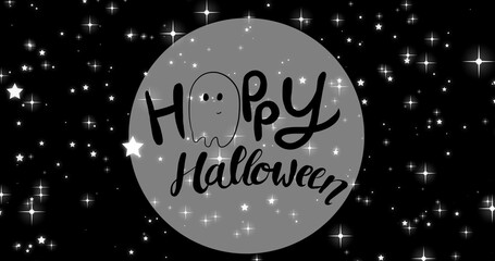 Composition of happy halloween text over sky with stars