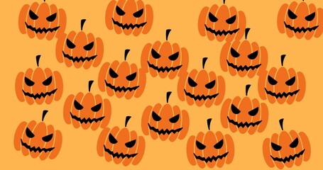 Composition of pumpkin icons repeated on orange background
