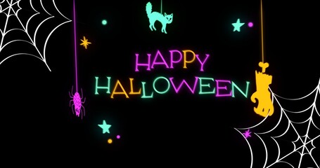 Composition of happy halloween text over icons on black background