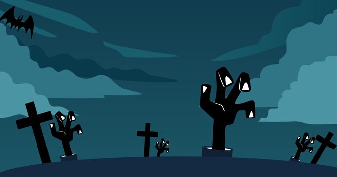 Composition of zombie hands icons over sky with clouds