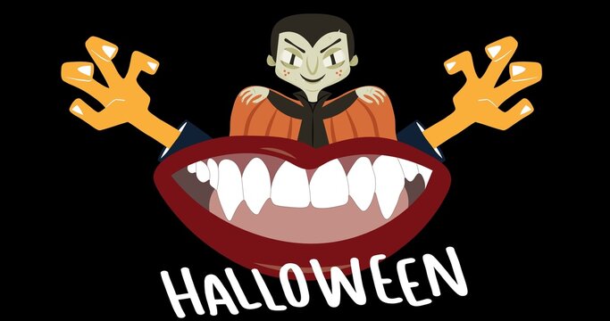 Composition of halloween text over vampire on black background