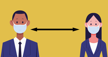 Businessman and businesswoman wearing mask icons maintaining social distance against yellow backgrou