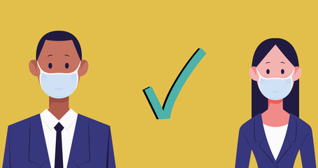 Businessman and businesswoman wearing mask icons maintaining social distance against yellow backgrou