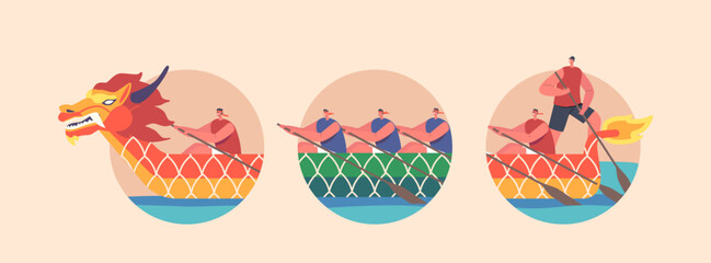 People on Dragon Boats, Canoeing or Rafting Sport Isolated Round Icons or Avatars. Sportsmen Rowing in Kayaks