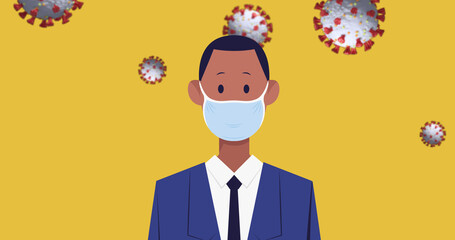 Businessman icon wearing face mask over Covid-19 cells against yellow background
