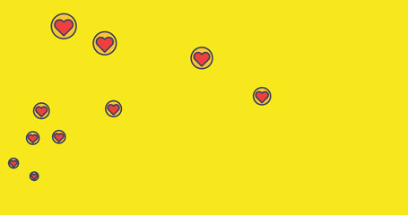 Multiple heart icons moving against yellow background