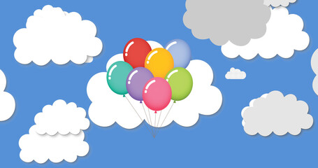 Stack of balloons flying against clouds and sky