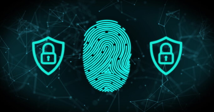 Fingerprint scanner and security padlock icon against network of connections