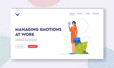 Managing Emotions at Work Landing Page Template. Businesswoman hide Face under Mask. Female Character Imposter