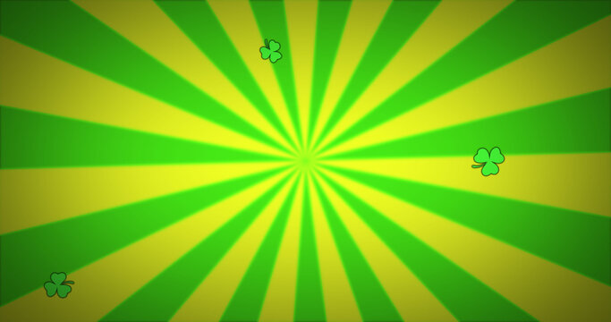 Image floating green shamrocks falling on yellow and green stripes spinning in loop in the backg