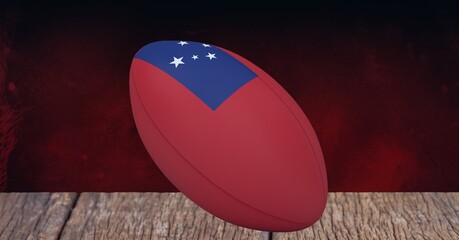 Composition of rugby ball decorated with the flag of samoa on black background