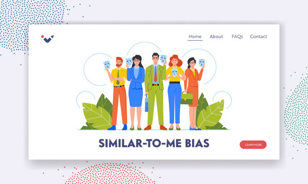 Bias People Landing Page Template. Business Characters Hiding Faces Behind Social Masks With Fake Emotions