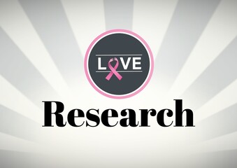 Research text banner and love text with pink ribbon icon against grey radial background