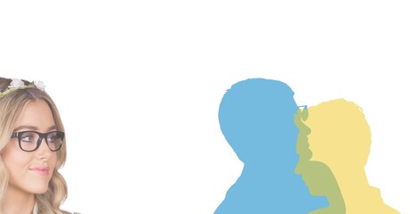 Caucasian woman and silhouettes of men with copy space on white background