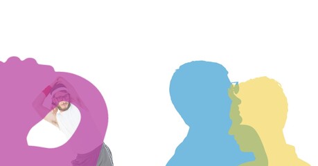 Caucasian fit man exercising and silhouettes of men with copy space on white background