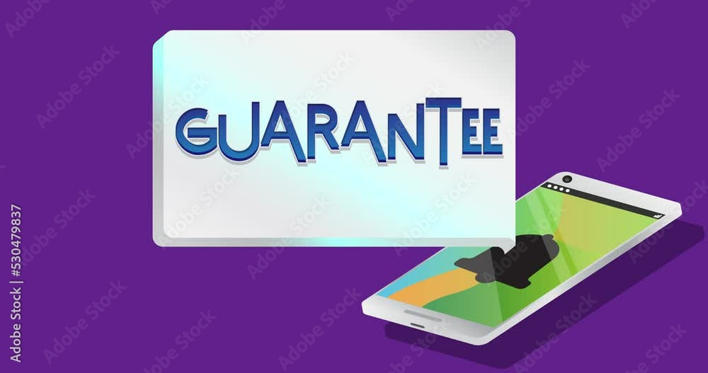 Poster guarantee text on notification bubble from portable information device screen. mobile app message, c