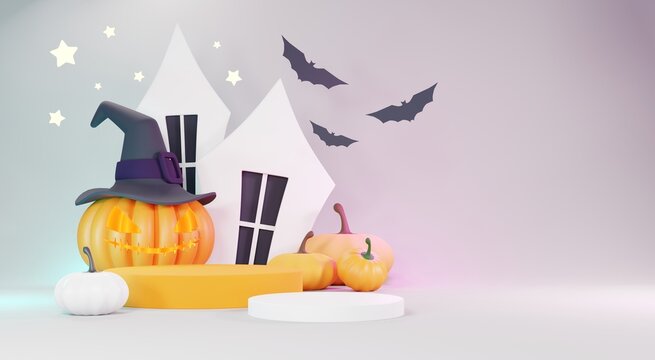 3d Render, Happy Halloween Day background with Podium stand product and night scene and cute spooky design. Halloween pumpkins, skull, ghost and spider decorations on dark purple background.