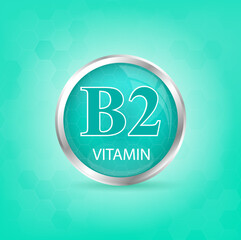 Vitamin B2 icon structure light green substance. Personal care, beauty concept. Medicine health symbol of thiamine. Drug business concept. Vector Illustration. 3D Vitamin complex with chemical formula