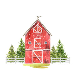 Red barn in winter, Watercolor wooden red barn, Christmas background illustration © AsyaShu