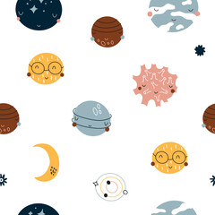 Vector space seamless pattern with planets and stars. Bright repeated texture with cosmic elements. Cute childish design for kids fabric and wrapping paper.