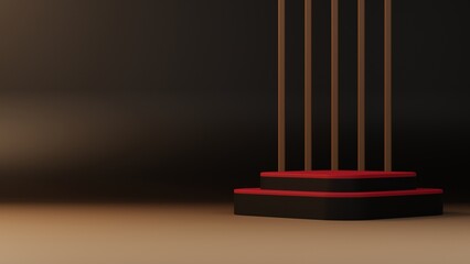 Dark beige backdrop with red pedestal or podium mockup display, 3d rendering empty platform for product showcase and presentation