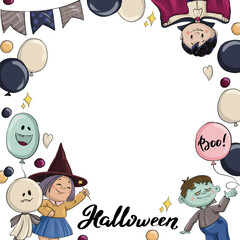 Cartoon Halloween frame with cute characters. Template for postcards, flyers, Halloween background.