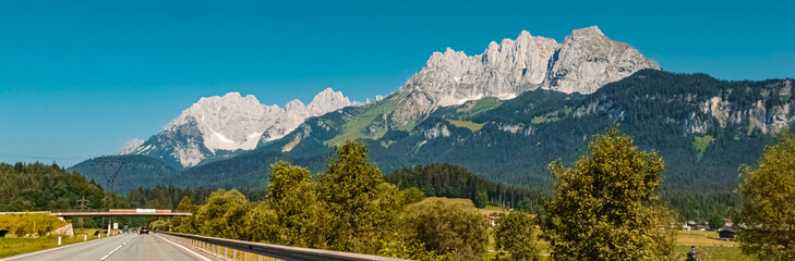 Beautiful alpine summer view with the famous Wilder Kaiser mountains near Sankt Johann, Tyrol, Austria