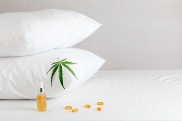 Melotonin production, pills, capsules and cbd oil on the bed. Concept sleep disorder. beat insomnia...