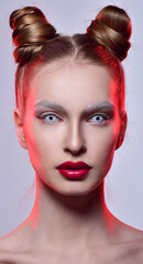 Halloween makeup. White lenses in the eyes. Horns on her head. Professional Makeup and hairstyle. Red Lipstick.