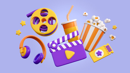 3d cinema, movie, film, entertainment concept background in trendy plastic colors. High quality isolated render