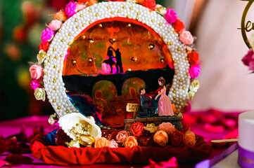 Obraz premium Special Time For Both. Time for Couple. Proposal Invitation. Symbols of Love and couple. Small Statue of Boy and Girl and Silhouettes. Valentine Day. Engagment.