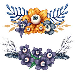 Spooky Halloween flower frames, florals with eyeballs, creepy halloween decoration elements, mystic garden design