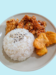 Korean sauce fried chicken rice and nuggets on isolated background