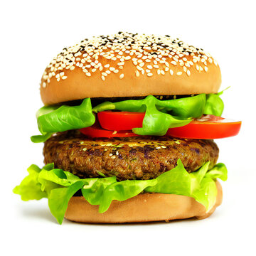 delicious vegan burger, isolated on white background