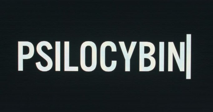 Closeup of Psilocybin being Typed onto Vintage Computer Monitor with Blinking Cursor. Digital Words Intro CRT LCD TV Screen Pixels Macro Detail 4K