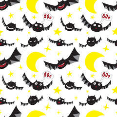 Seamless pattern. Vector. Black bats, stars, moon on a white background. Happy Halloween. For packaging, fabric, for the decor of autumn holidays.