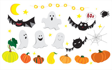 Vector clip art. Black bats, cute ghosts, stars, moon, colorful pumpkins, lanterns, spider and spider web. Happy Halloween. For the decor of autumn holidays.