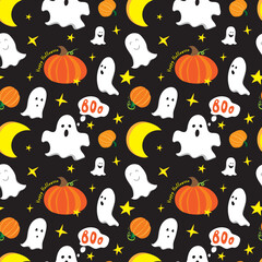 Seamless pattern. Vector. Cute white ghosts, yellow stars, orange pumpkins on a black background. Happy Halloween. For packaging, fabric, for the decor of autumn holidays.