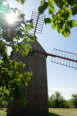 wooden windmill behind the tree