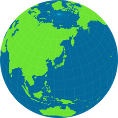 world map illustration (globe / sphere). focus on Japan and east Asia / png