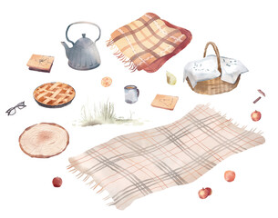 Watercolor hand drawn set with illustration of autumn picnic elements - harvest, apples, wicker basket, apple pie, teapot. Fall collection isolated on white background. Cozy composition on the plaid.