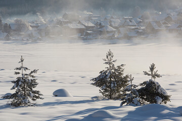 Winter landscape with a village, Altai, Russia