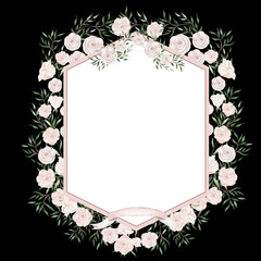 Watercolor frame with rose flowers and leaves. Illustration 