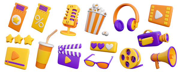  3d set of cinema, movie, theatre, video and audio icons. Trendy glossy plastic design elements. High quality isolated render - obrazy, fototapety, plakaty