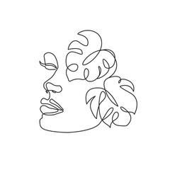 Woman Abstract Face with Leaves One Line Drawing. Female Portrait Minimalist Style. Botanical Nature Trendy Symbol for Cosmetics. Continuous Line Art Fashion Minimal Print. Beauty Logo. Vector EPS 10 © Наталья Дьячкова