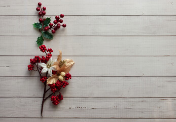 Christmas decoration. Christmas ornaments. Space for text. Flat lay.