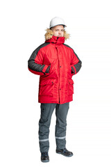 man in a red warm jacket on a white isolated background