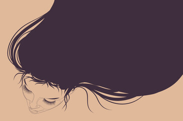Line art girl face and long hair top view