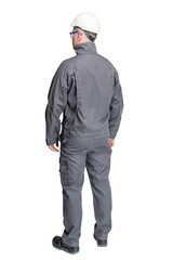 a man in special clothes for workers in a helmet on a white isolated background